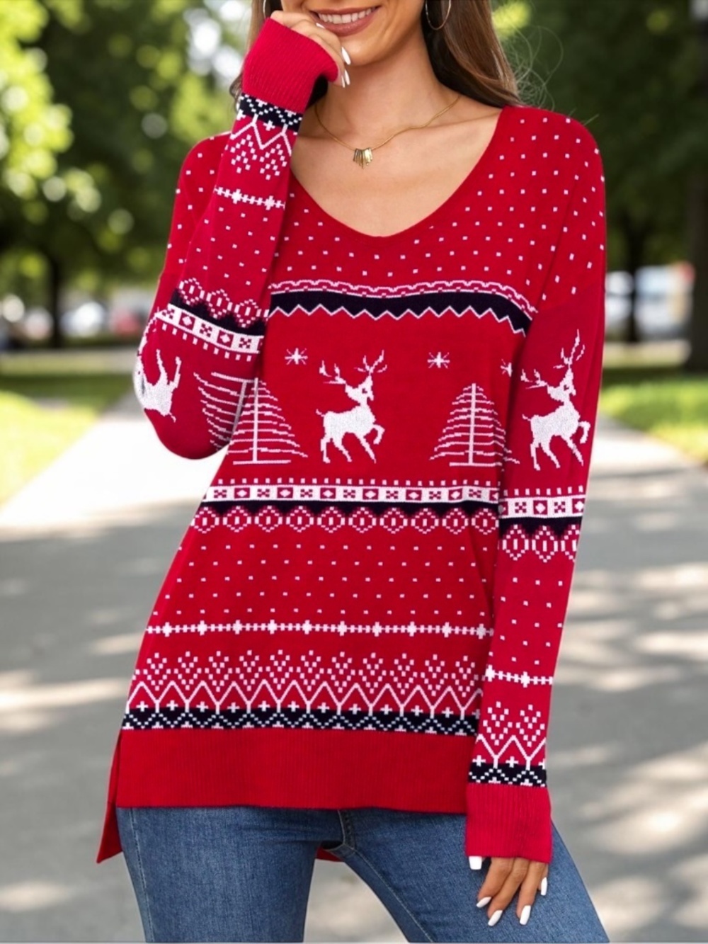 NWT Red Christmas Sweater XL Reindeer V Neck Lightweight Holiday Knit
